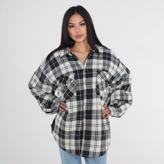 Vintage Plaid Jacket 90s Black White Lined Jacket Button up Retro Lumberjack Checkered Print Streetwear Hiking Warm Shacket 1990s 2xl xxl