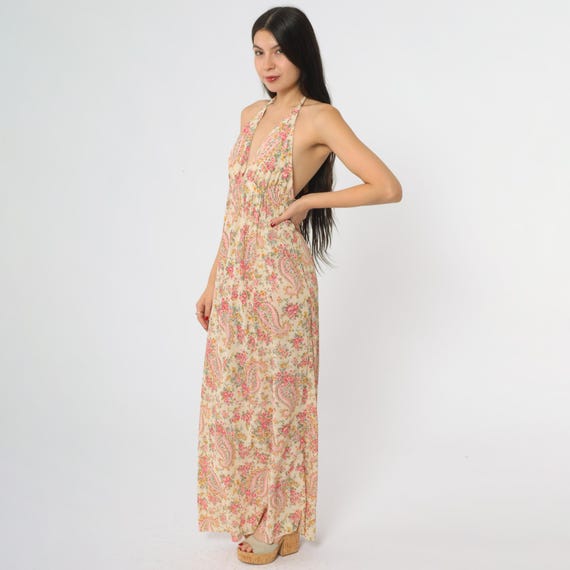Paisley Halter Dress 70s Pink Yellow Floral Sleeveless Nylon Vintage Bohemian Boho Empire Waist Festival Summer Hippie Romantic Medium M
