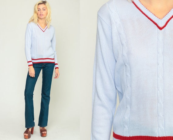 CABLE KNIT Sweater 70s V Neck Sweater Slouchy Pullover Grey-Blue 80s Boho Retro Sweater Vintage Hipster Bohemian Small