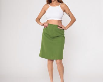 70s Green A Line Skirt Knee Length Back Zip Vintage High Waisted Office Wear Preppy Classic Mod Work Casual Small S