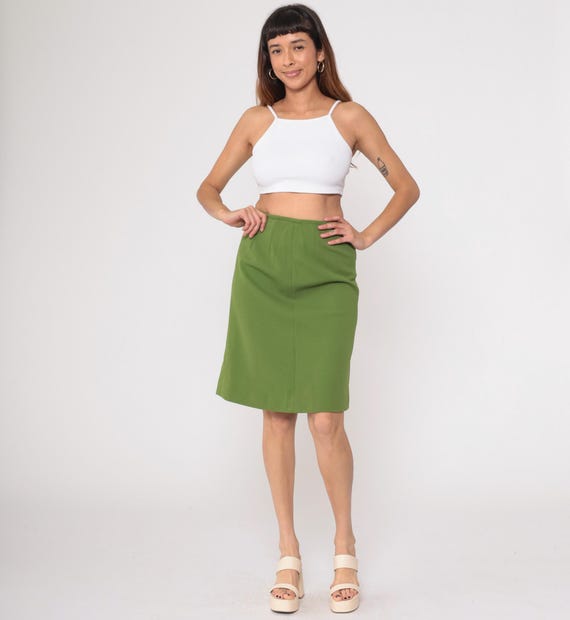 70s Green A Line Skirt Knee Length Back Zip Vintage High Waisted Office Wear Preppy Classic Mod Work Casual Small S