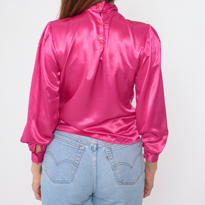 Pink Satin Shirt 80s Puff Sleeve Blouse Vintage Silky High Mock Neck Fuchsia Shirt Draped Long Sleeve Button Back Extra Small xs 2 Petite image 7