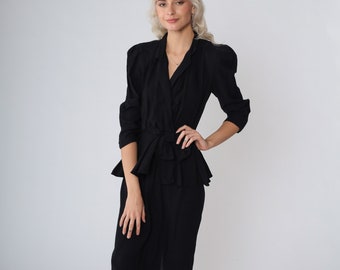 Schwarzes Schößchen Kleid 80er Party Kleid Puff Ärmel V Ausschnitt Hoch tailliertes Bleistift Kleid Abendkleider Cocktail Vintage 1980s Jody California Extra Small xs