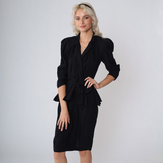 Black Peplum Dress 80s Party Dress Puff Sleeve V Neck High Waisted Pencil Dress Formal Cocktail Vintage 1980s Jody California Extra Small xs