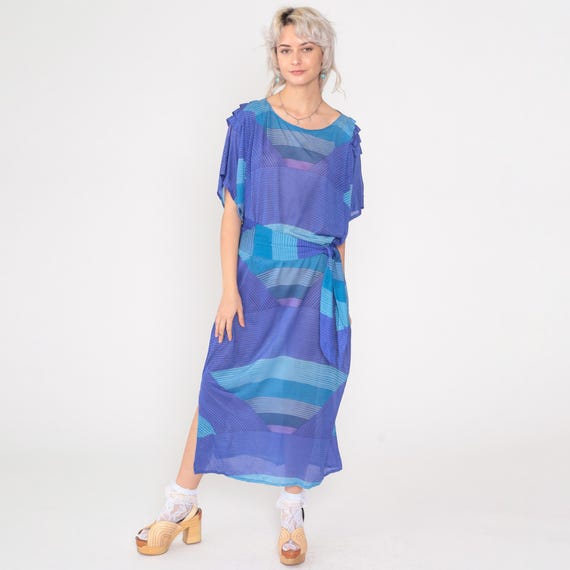 Vintage Abstract Striped Caftan Dress 80s Purple Blue Sheer Pleated Dolman Sleeve Tie Sash Keyhole 1980s Ankle Length Maxi Extra Large xl