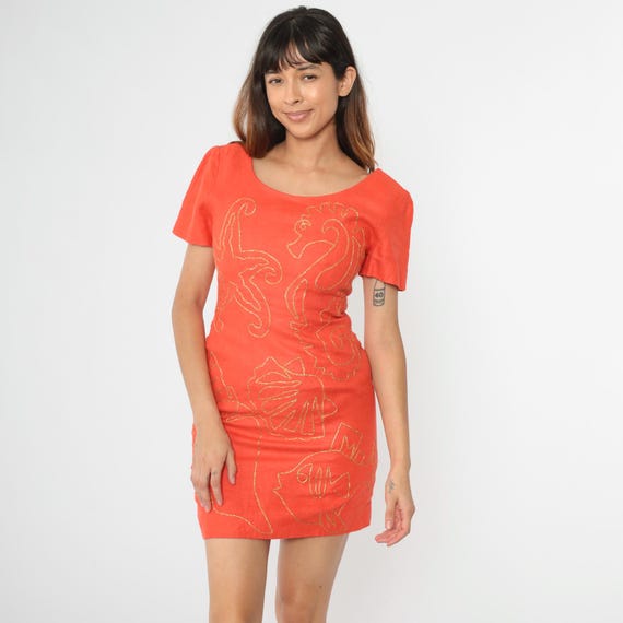 Vintage 90s Linen Mini Dress Orange Fish Sea Life Gold Embroidery Seahorse Starfish Shells Short Sleeve Fitted Sheath 1990s Small 6