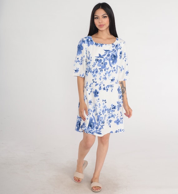 White Floral Dress Y2k Mini Dress Blue Flower Rose Print Day Dress A Line Minidress Short Sleeve Summer Retro Vintage 00s Large