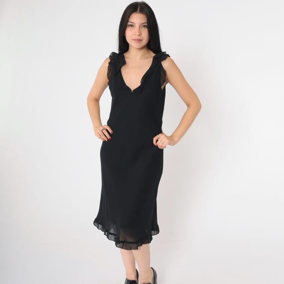 Vintage Black Chiffon Dress 90s Ruffled V Neck Shift Midi Dress Sleeveless Party Dress 1990s Simple Evening Dress Cocktail Medium