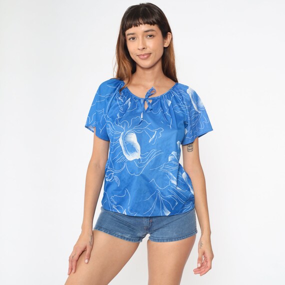Keyhole Floral Shirt 80s Blue White Tie Neck Blouse Boho Vintage Tent Tunic Top Short Sleeve Bohemian Retro Loose Medium