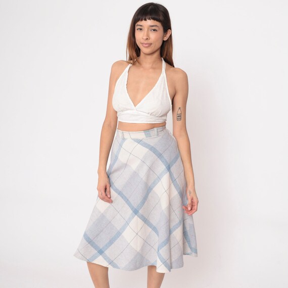 Plaid Midi Skirt 70s White Acrylic Wool Blend School Girl Skirt Baby Blue Checkered Tartan High Waisted Retro Vintage 1970s Extra Small xs 2