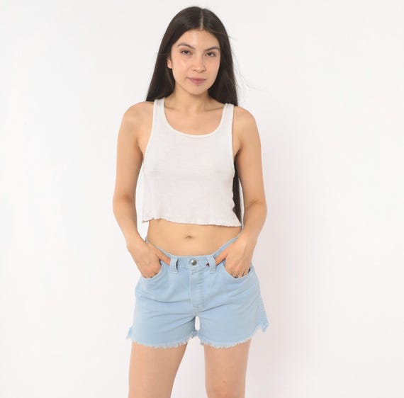 Light Blue Cut Off Denim Shorts Raw Hem Frayed Jean Cutoffs Cotton Summer Casual Vintage Low Rise Faded Wash Medium M