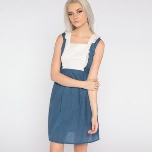 70s Babydoll Dress Blue Polka Dot Mini Dress Eyelet Lace Bib Dress 1970s 60s Mod White Empire Waist Bohemian Ruffle Extra Small xs
