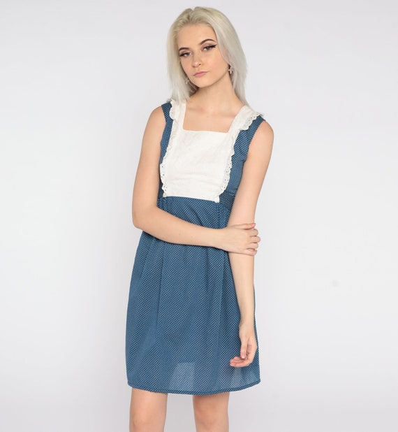 70s Babydoll Dress Blue Polka Dot Mini Dress Eyelet Lace Bib Dress 1970s 60s Mod White Empire Waist Bohemian Ruffle Extra Small xs