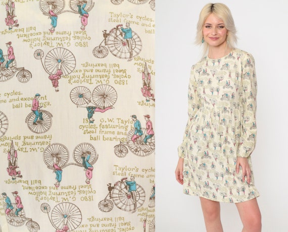 70s Mini Dress Antique Bicycle Print 1800s Mod Dress Novelty Print Dress 1970s Boho Hippie High Waist Vintage Long Sleeve Extra Small xs
