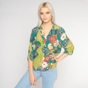 90s Floral Blouse 90s Blue Green Button Up Shirt Boho 3/4 Sleeve Top Retro Grunge Flower Swirl Summer Bohemian Vintage 1990s Rayon Medium M