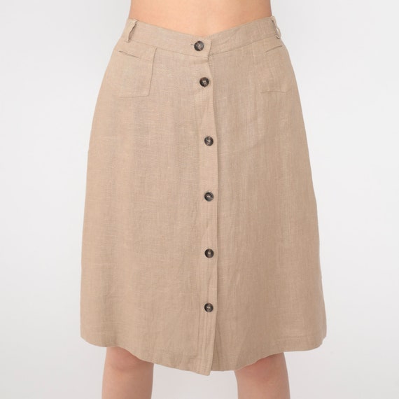 Linen Midi Skirt 80s Tan Button Up Straight Skirt… - image 3