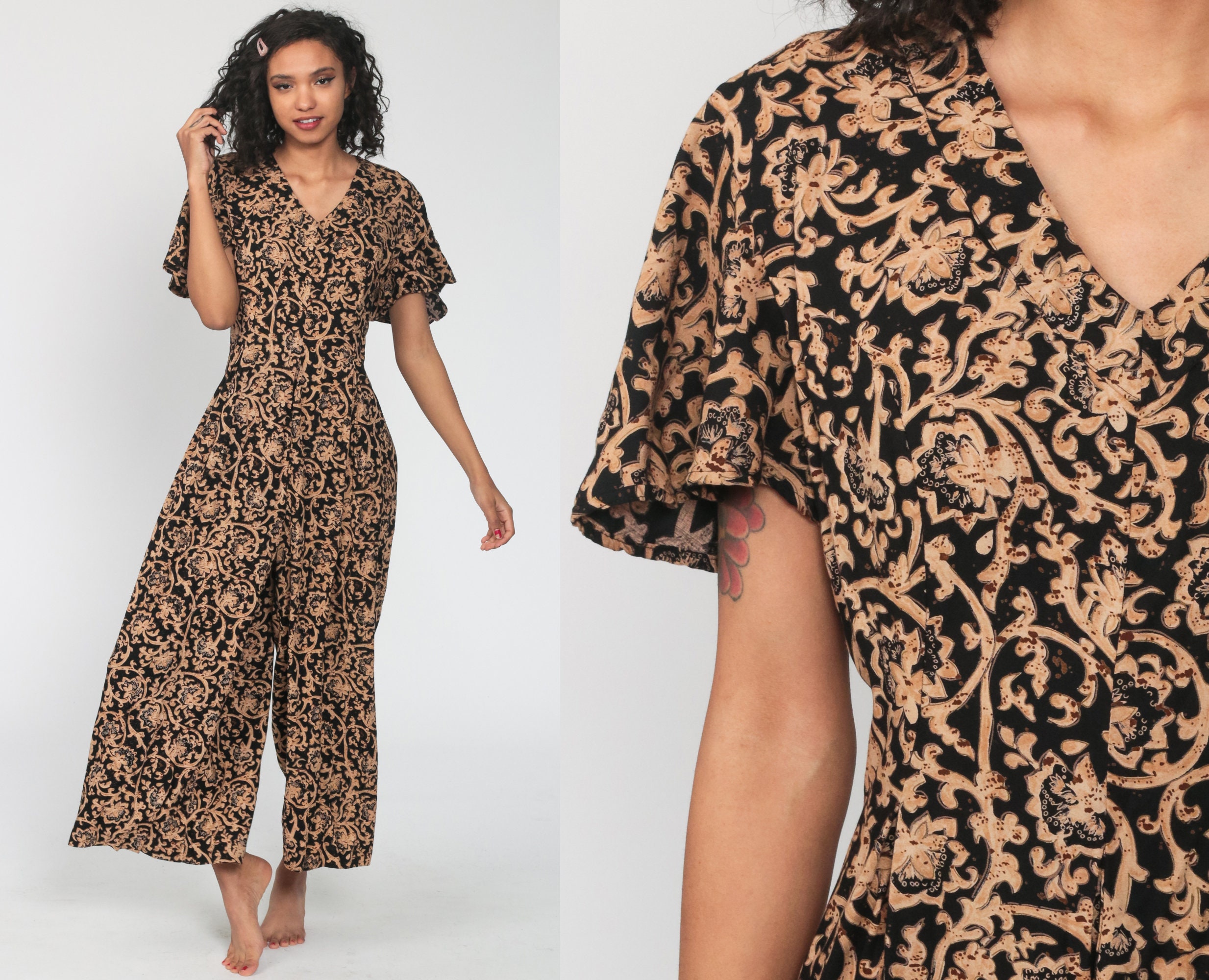 Floral Jumpsuit Wide Leg Jumpsuit 90s Rayon Jumpsuit Grunge Palazzo