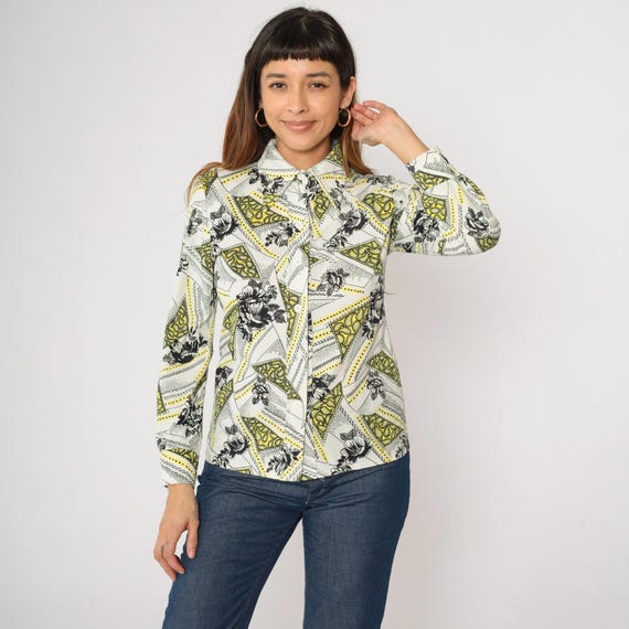 70s Floral Blouse White Paisley Disco Shirt Button Up Top Dagger Collar Bohemian Long Sleeve Groovy Flower Print Vintage 1970s Small
