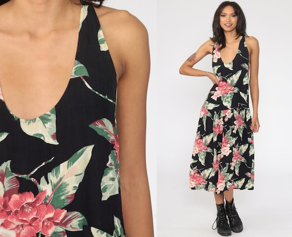 Tropical Jumper Dress 80s Midi Floral Scoop Neck V