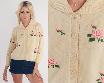 Cream Floral Cardigan 70s Wool Button up Knit Sweater Rose Flower Print Shawl Collar Retro Grandma Bohemian Pink Vintage 1970s Medium M