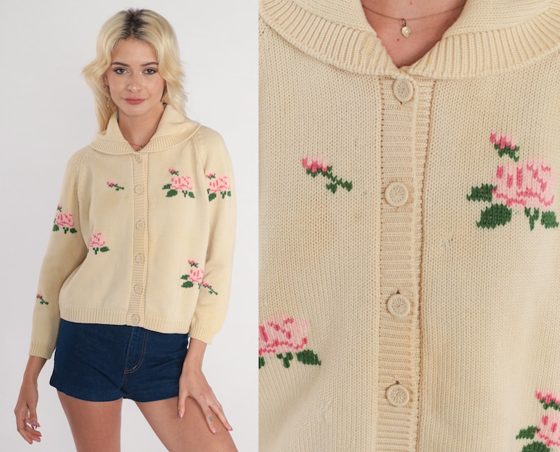 Cream Floral Cardigan 70s Wool Button up Knit Sweater Rose Flower Print Shawl Collar Retro Grandma Bohemian Pink Vintage 1970s Medium M image 1