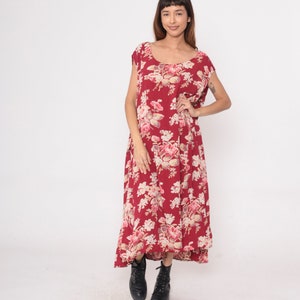Red Floral Dress Y2k Plus Size Shift Dress Scoop Neck Sleeveless Midi Dress Summer Dress Retro Pink Rayon Vintage 00s 30 32 5xl image 2