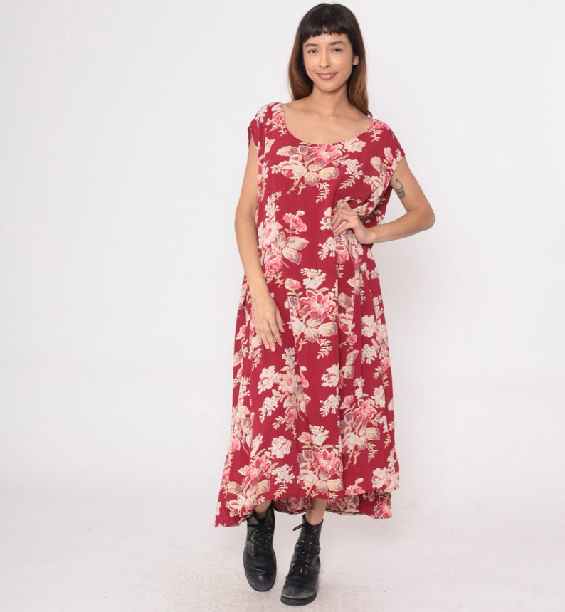 Red Floral Dress Y2k Plus Size Shift Dress Scoop Neck Sleeveless Midi Dress Summer Dress Retro Pink Rayon Vintage 00s 30 32 5xl image 2