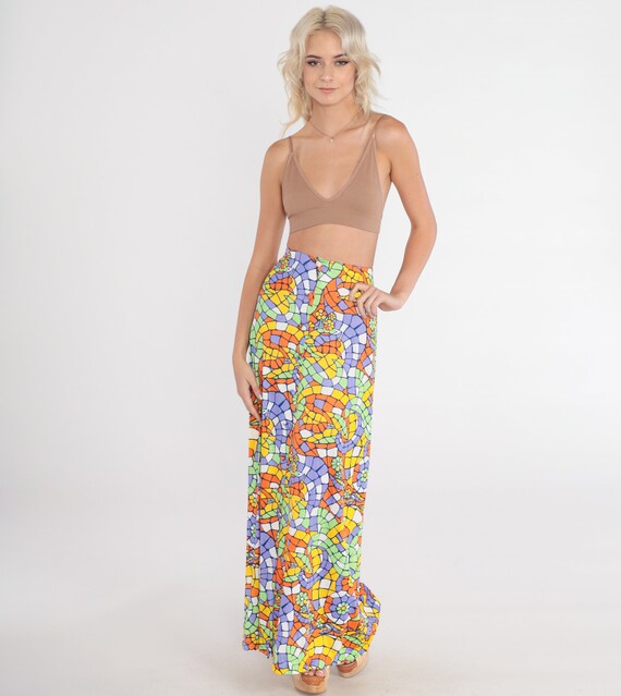 70s Skirt Psychedelic Maxi Skirt Abstract Floral Tile Print Colorful Groovy Festival Seventies High Waisted Button up Vintage 1970s Medium M