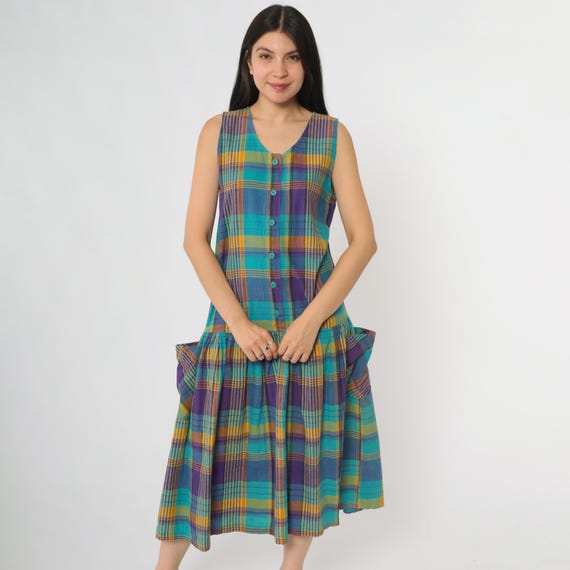 Colorful Plaid Dress Summer 90s Teal Purple Yellow Checkered Print Sleeveless Button Front Midi Length Pockets Vintage 1990s Medium M 8