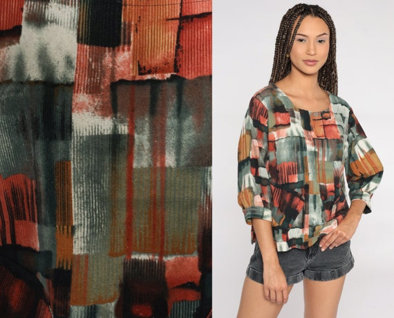 Abstract Blouse 90s Geometric Print Shirt Red Grey Brushstroke Shirt Short Sleeve 1990s Vintage Large L