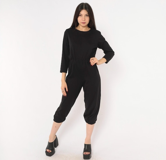 80s Black Jumpsuit Cropped Leg Elastic Waist Cuff Ankle Romper Three Quarter Sleeve One Piece Utilitarian Nerdcore Nerdy Vintage Small S