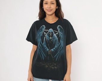 Winged Grim Reaper Tee 2000s Gothic Angel Of Death Skull Graphic Black Cotton Dark Art Skeleton Wings Horror Gildan Band Style Shirt Large L