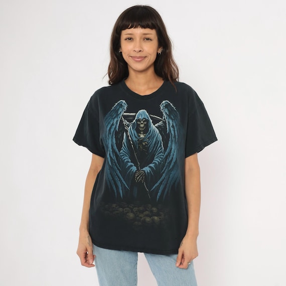 Winged Grim Reaper Tee 2000s Gothic Angel Of Death Skull Graphic Black Cotton Dark Art Skeleton Wings Horror Gildan Band Style Shirt Large L