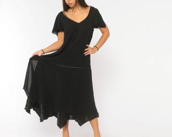 90s Black Midi Dress Handkerchief Hem Flutter Sleeve Drop Waist Witchy Plaza South Gothic Evening Cocktail Party Vintage Extra Large XL