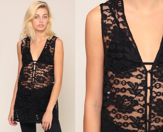Lace Vest Boho Black Lace Top 90s SHEER Bohemian Festival Cut Out Hippie Button Up Sleeveless Vintage Bohemian Extra Small xs