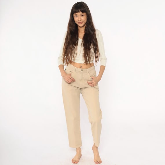 Beige Denim Trousers 90s Cream High Rise Straight Leg Pants Cotton Cropped Jeans Ivory Minimalist Vintage Neutral Preppy Academia Medium M