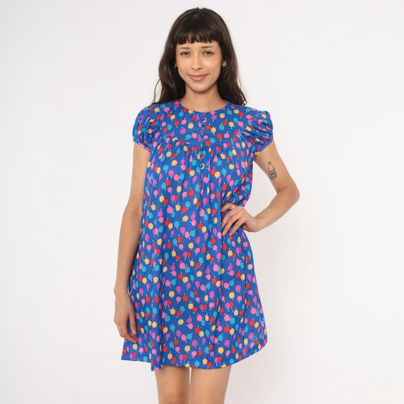 Apple Print Babydoll Dress Lanz Originals Blue Puff Sleeve Cobalt Colorful Fruit Pattern Cap Sleeve Round Neck Mini Quirky Vintage Small S