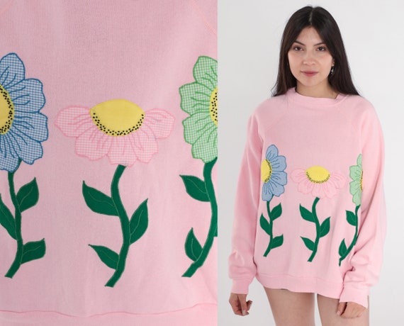 Floral Sweatshirt 90s Baby Pink Flower Print Sweatshirt 