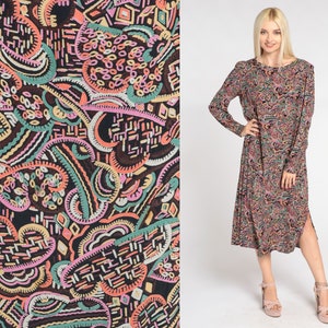 80s Dress Abstract Cloud Print Midi Dress Black Long Puff Sleeve Shift Pattern Side Slit Dress Retro Colorful Vintage 1980s Rayon Medium M