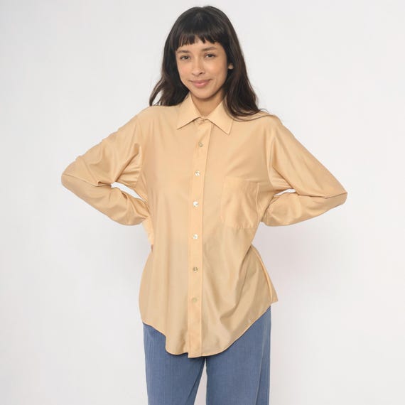 70s Cream Blouse Button Up Long Sleeve Collared Shirt Minimalist Vintage Office Top Chest Pocket Pointed Collar Neutral Beige Preppy Large L