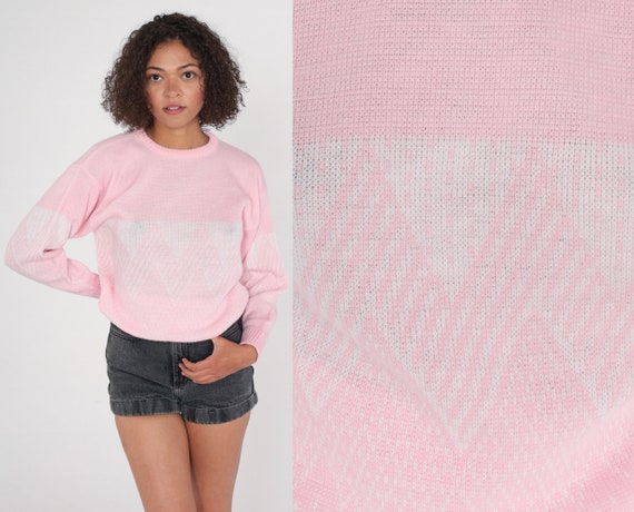 Baby Pink Sweater 80s 90s Zig Zag Striped Knit Pullover Sweater White Diamond Print Crewneck Jumper Pastel Vintage 1990s Gitano Medium M