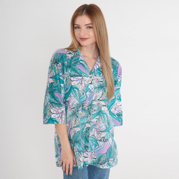 Tropical Leopard Shirt 90s Hawaiian Blouse Button Up Floral Animal Print Top Short 1/2 Sleeve Pink Blue Purple White Vintage 1990s Large L