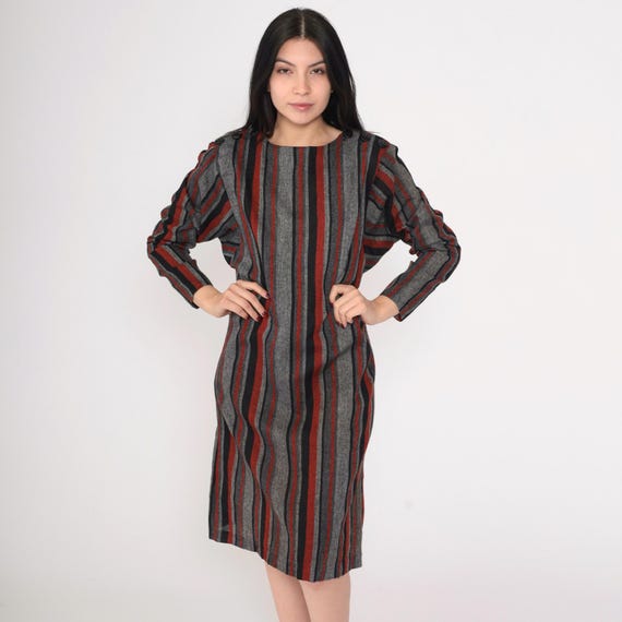 80s Striped Dress Grey Red Shift Midi Dress Button Shoulder Dress Long Sleeve Retro Simple Casual Preppy Academia Vintage 1980s Medium 8