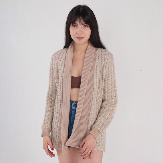 Light Brown Cardigan 70s Open Front Knit Sweater Retro Simple Neutral Fall Wrap Cardigan Minimalist Bohemian Acrylic Vintage 1970s Small S