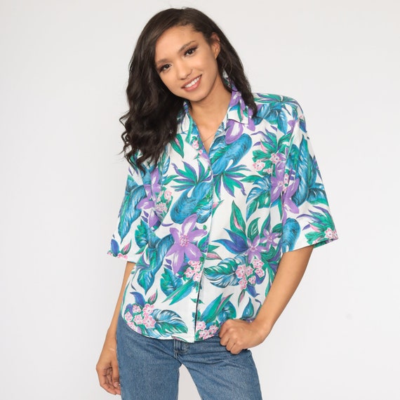 Tropical Floral Shirt Green Purple Hawaiian Blouse Button Up 80s Vintage Surfer Vacation Short Sleeve Leaf Print Retro Top 90s Small
