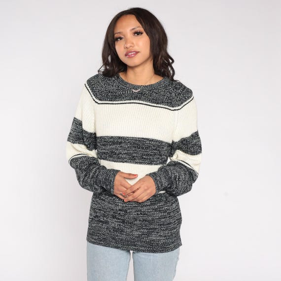 80s Chunky Sweater Vintage Grandpacore Navy White Stripes Oversized Cozy Knit Comfort Vintage Grandma StyleRelaxed Vintage Small S
