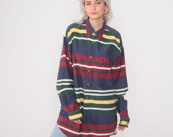 Striped Nautica Shirt 90s Vintage Cotton Button Down Navy Green Long Sleeve Sailing Logo Preppy Color Block Men's Oversized Extra Large XL
