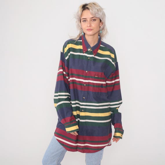 Striped Nautica Shirt 90s Vintage Cotton Button Down Navy Green Long Sleeve Sailing Logo Preppy Color Block Men's Oversized Extra Large XL
