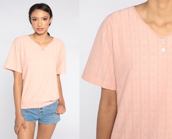 Slouchy Shirt Plain Peach Blouse 80s Top Short Sleeve T Shirt Slouch 1980s Retro Tee Vintage Ribbed Banded Hem Top Small Medium