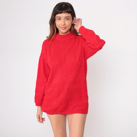 80s Red Sweater Oversized Crew Neck Ribbed Knit Tunic Long Sleeve Vintage Pullover Relaxed Fit Grandpa Comfy Soft Cozy Winter Medium M